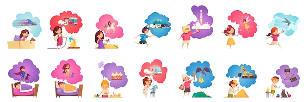 Kids children dreaming set of isolated cartoon style characters with desires wishes images in thought bubbles vector illustration