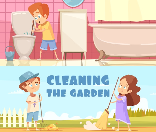 Free Vector kids cleaning toilet bowl in bathroom and helping in garden 2 horizontal cartoon banners isolated