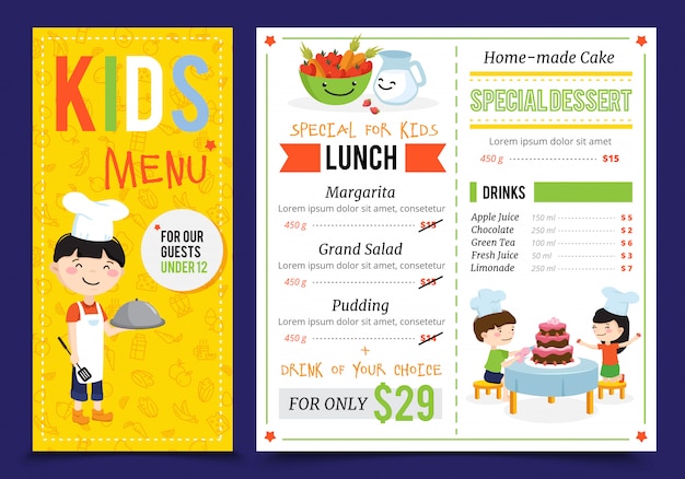 Kids cooking illustration menu with flat artwork doodle style children cook characters and editable menu items vector illustration 