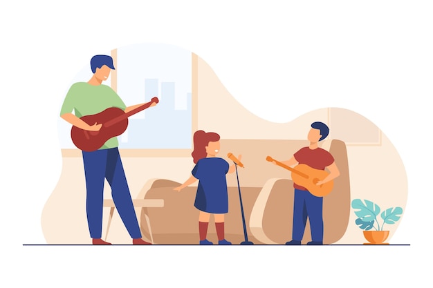 Kids and dad playing guitar and singing at home