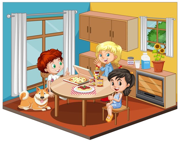 Kids in the dinning room scene on white background