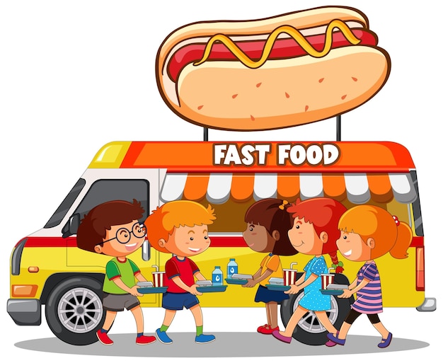 Free vector kids enjoying food truck treats