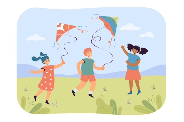 Kids flying kite flat illustration