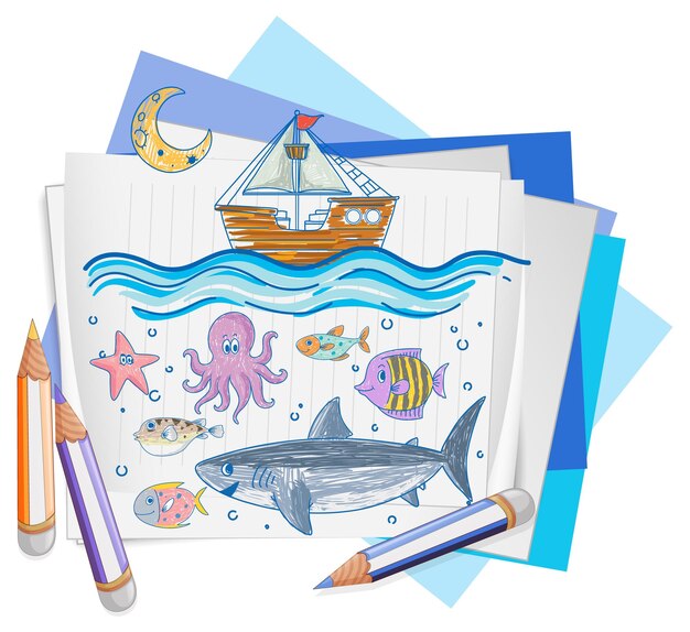 Kids hand drawn doodle sea animals