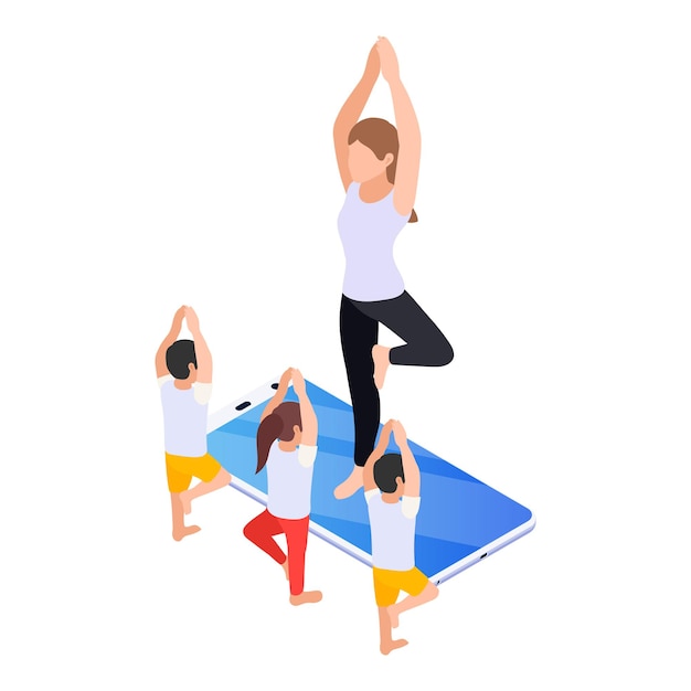 Kids having physical education online lesson isometric