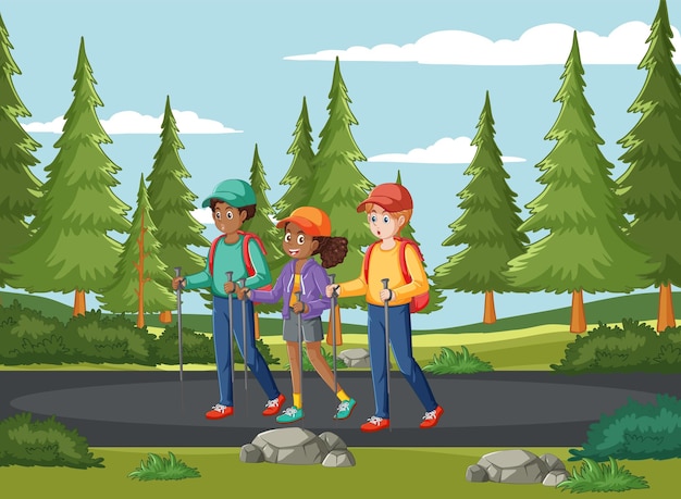 Free Vector kids hiking in the forest