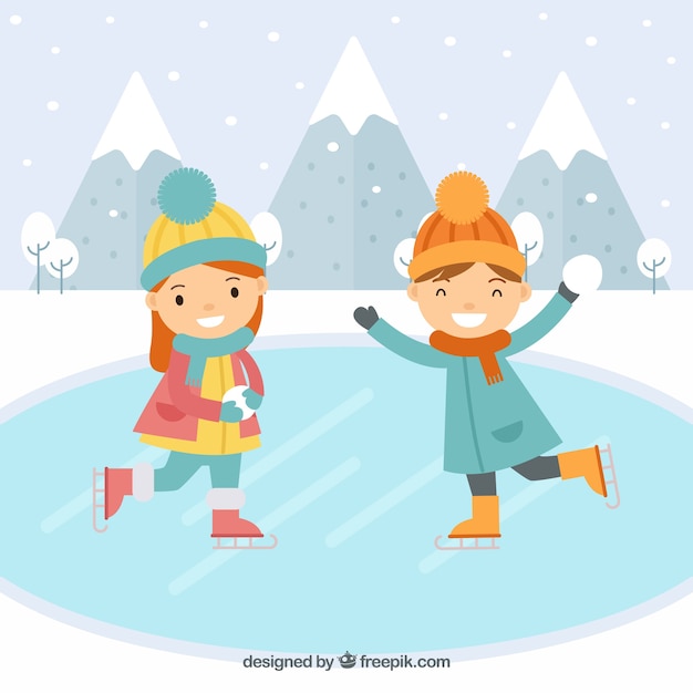 Kids ice skating flat background