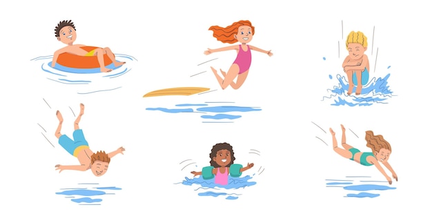 Kids jump in pool set illustrations Cartoon funny children in swimsuits play on beach party boy and girl jumping from trampoline with splashes isolated on white