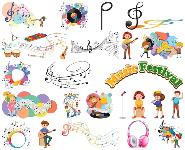 Kids musical instruments and music symbols set