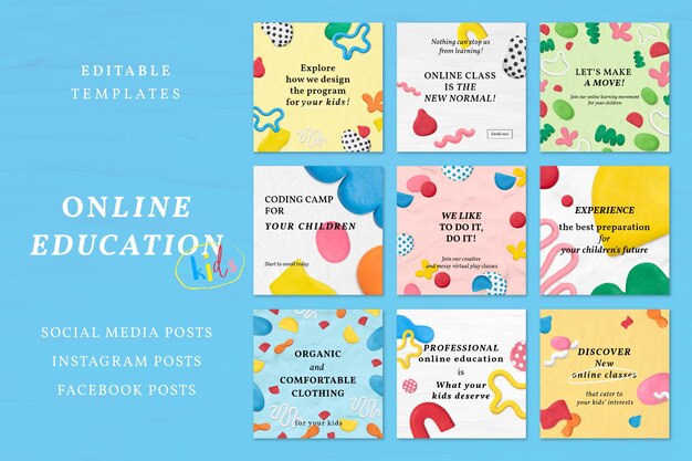 Kids online course template vector plasticine clay patterned social media ad set