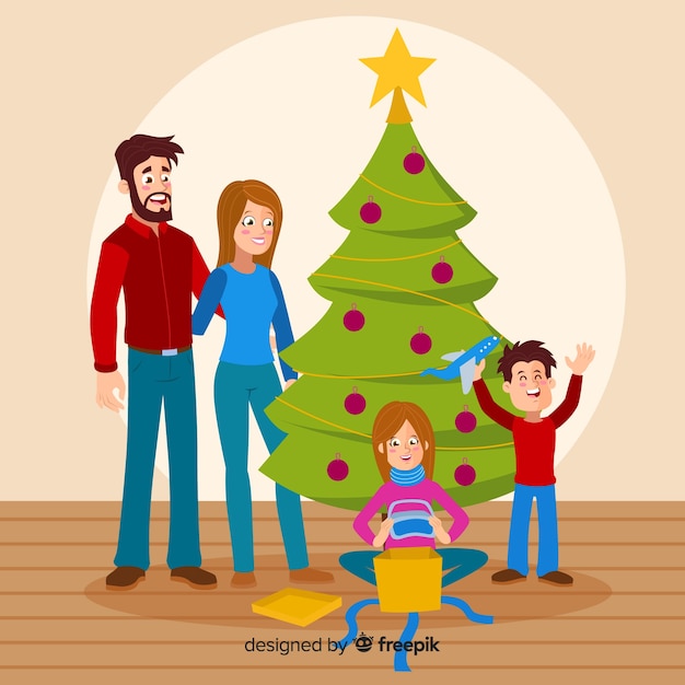 Free Vector kids opening present christmas background