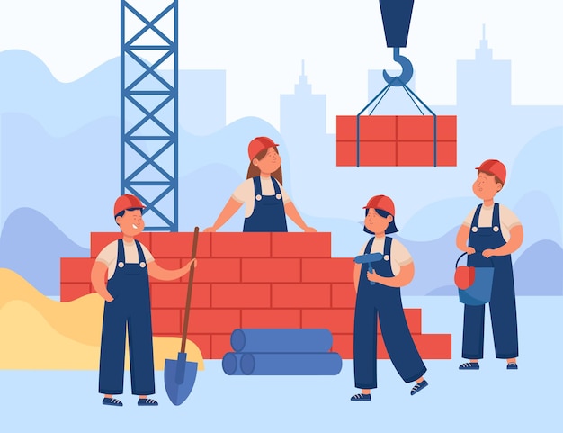 Free Vector kids in overalls and helmets building house. happy male and female constructors laying bricks using construction tools flat vector illustration