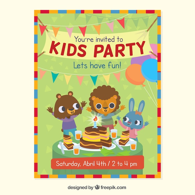 Free vector kids party invitation with animals