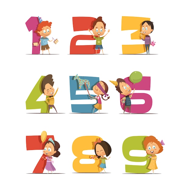 Kids party retro icons set with digits from one to nine 