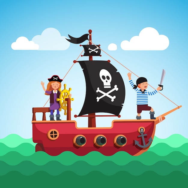 Free Vector kids pirate ship sailing in the sea with flag