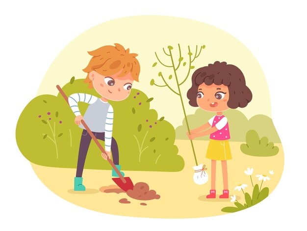 Kids planting tree in garden little happy boy digging hole with spade and girl standing with green plant in hands nearby