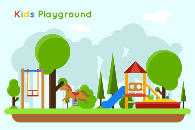 Kids playground flat concept. Slide outdoor, sand and childhood