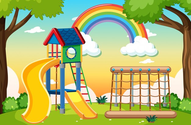 Kids playground in the park with rainbow in the sky at daytime cartoon style