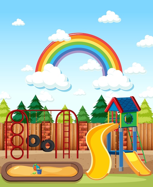 Free Vector kids playground in the park with rainbow in the sky at daytime cartoon style