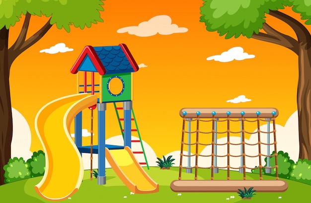 Free Vector kids playground in the park with red and yellow light sky cartoon style