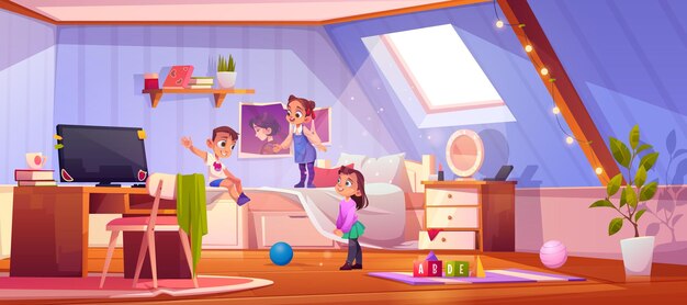 Kids playing in attic room, children in home interior with pc on desk illustration