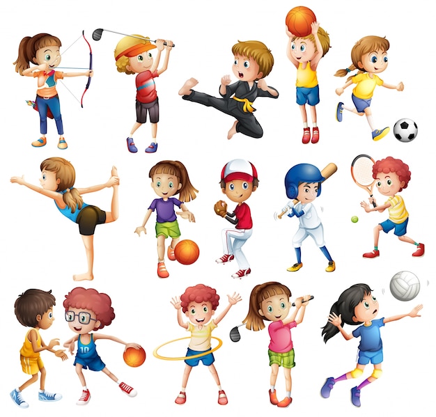 Kids playing various sports on white