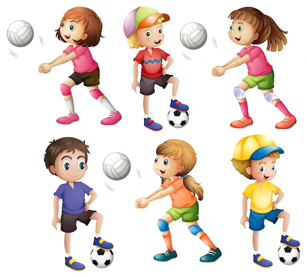 Free Vector kids playing volleyball and football