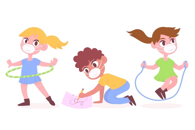 Free Vector kids playing wearing medical mask