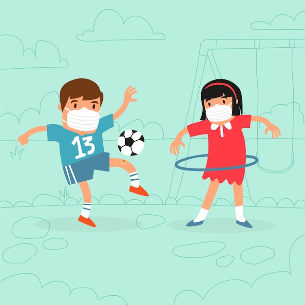 Free Vector kids playing wearing medical mask