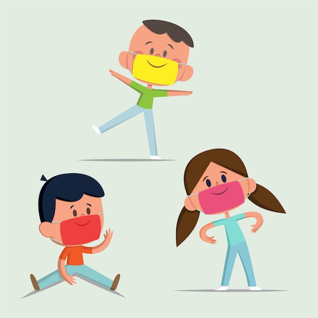 Free Vector kids playing and wearing medical masks