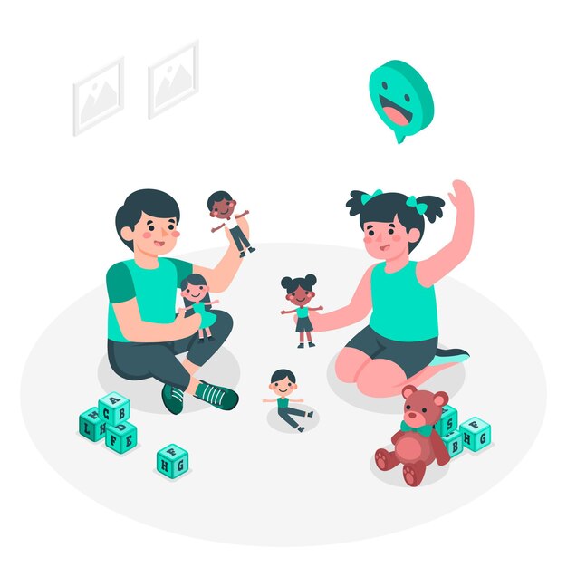 Kids playing with dolls concept illustration