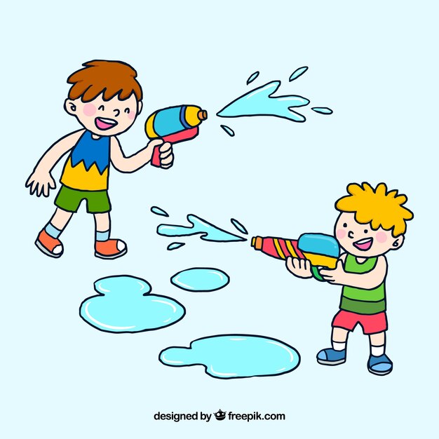 Kids playing with plastic water guns