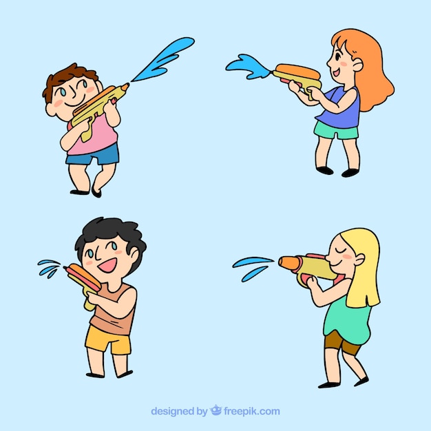 Free vector kids playing with plastic water guns