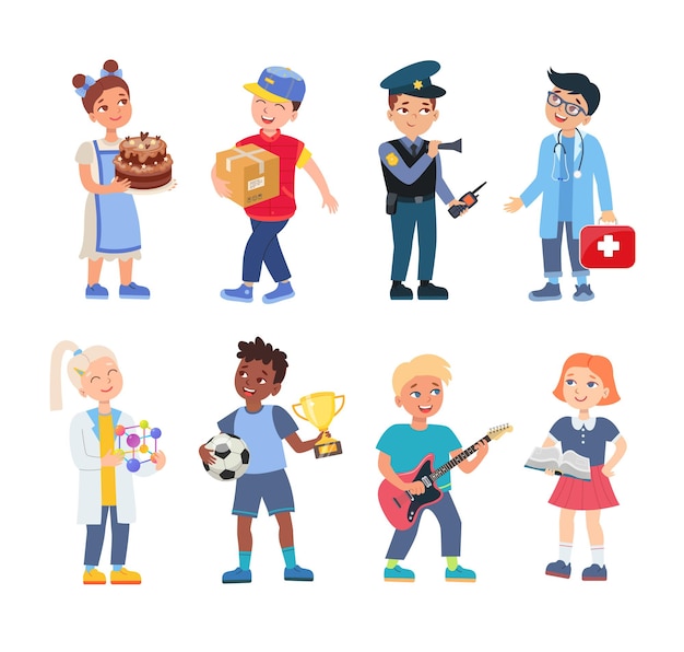 Free Vector kids in professional uniform set. vector illustrations of children choosing future profession. cartoon pastry chef postman policeman doctor scientist soccer musician isolated on white. job concept