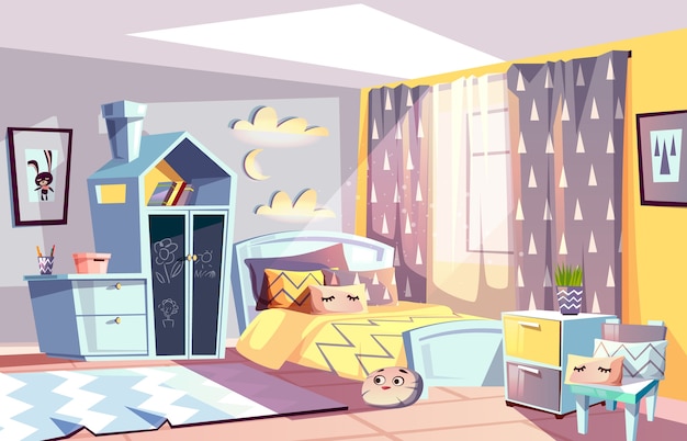 Free vector kids room modern interior illustration of bedroom furniture in scandinavian style.