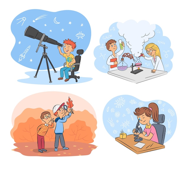 Kids science and exploration cartoon scenes set Astronomers researchers in botany chemists physicists young scientists characters