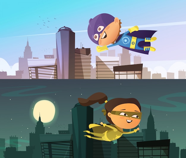 Free Vector kids superhero two flat horizontal banners with cartoon boy and girl figurines dressed 