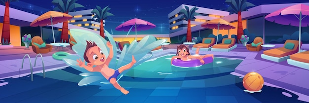 Free vector kids swim and play in pool in luxury hotel