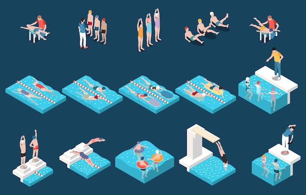 Free Vector kids swimming school isometric set of children doing preparation exercises diving workout backstroke swimming with rings and kickboard isolated vector illustration