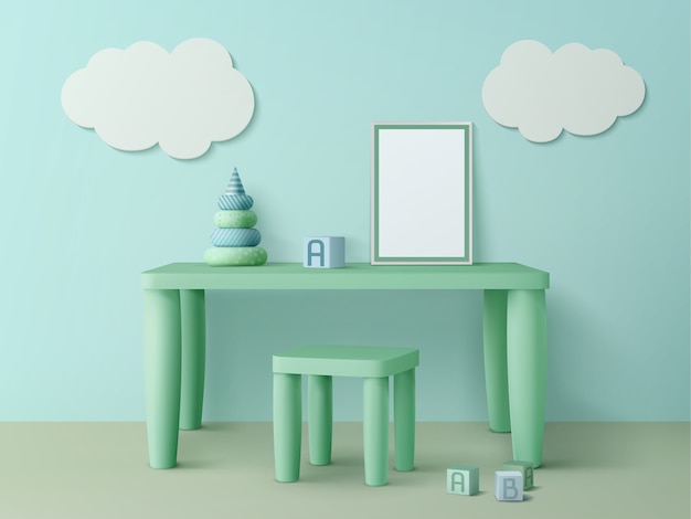 Free Vector kids table with poster mockup, chair, toy cubes, pyramid and cloud decoration on wall