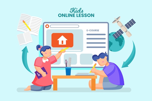 Free Vector kids taking online lessons