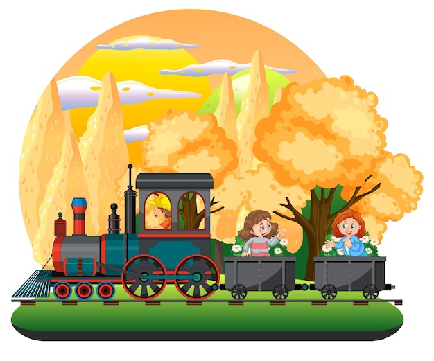 A kids in a train with natural scene