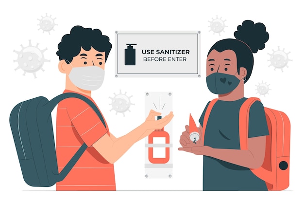 Kids using hand sanitizer at school concept illustration