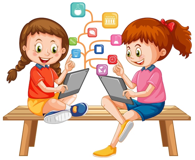 Free Vector kids using tablet with education icons