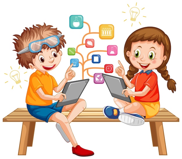 Free Vector kids using tablet with education icons