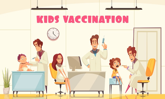 Kids vaccination illustrated how medical staff vaccinates young patients in clinic flat