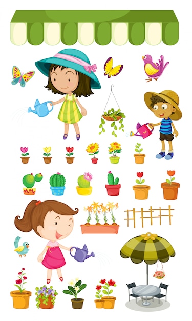 Free Vector kids watering the plants