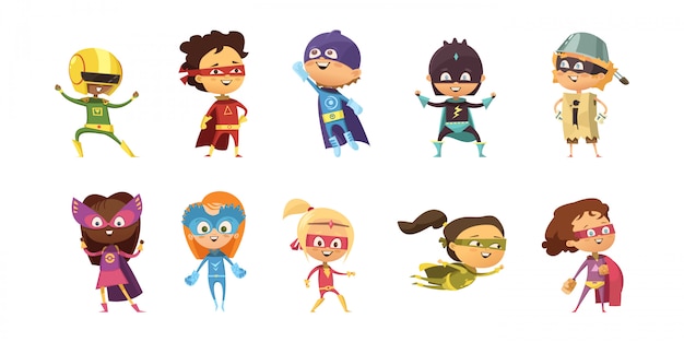 Kids wearing colorful costumes of different superheroes retro set isolated 