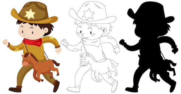 Kids wearing cowboy costume with its outline and silhouette