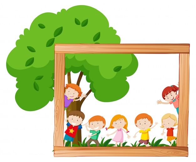 Kids in wooden frame scene